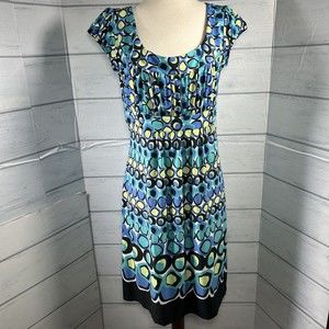 AGB Shift Dress Short Sleeve Lined Geometrical Circle Blue Yellow Size 12 Petite